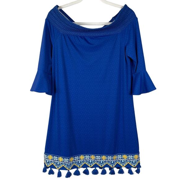 Cabana Life Royal Blues Embroidered Pom-Pom Off-The-Shoulder Dress Size Medium - Picture 2 of 13